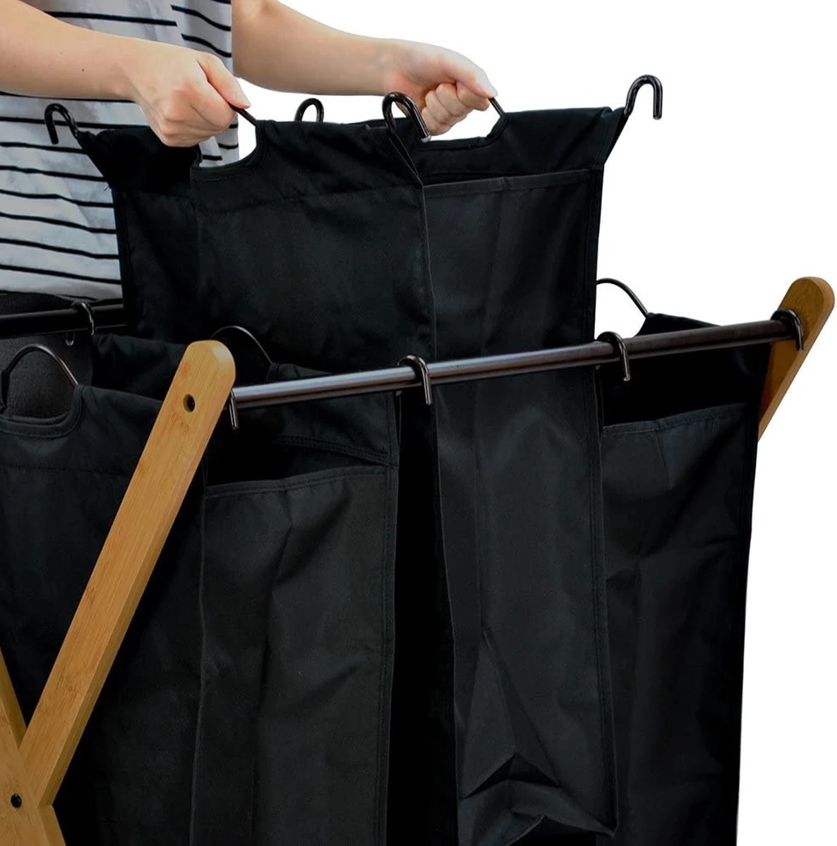 JASC Wasmand 3 Vakken - Wassorteerder - Wasmanden - Zwart - Bamboe - 128 Liter - Afbeelding 2