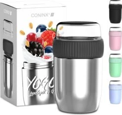 Coninx Thermos Lunchbox - Muesli Beker To Go - Isoleer Lunchpot - Yoghurtbeker To Go - Mueslibeker 840ml (600ml+240ml) - RVS