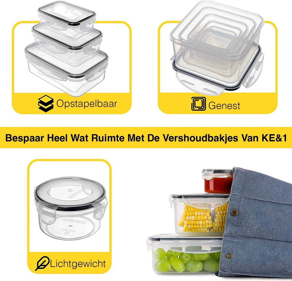 KE&1 Vershoudbakjes - Meal Prep Bakjes - Lunchbox - Diepvriesbakjes - Plastic Bakjes - Keuken - Keukenkast - Bakken - Afbeelding 6