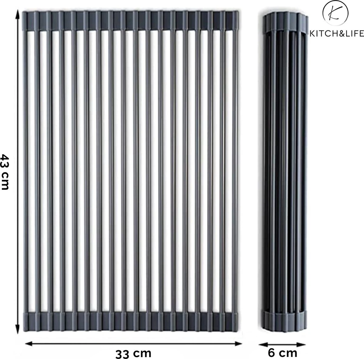 Kitch&Life Afdruiprek Oprolbaar - Mat Zwart - Pannenonderzetter - Afdruipmat - Keukenrek 3-in-1 - Afbeelding 6