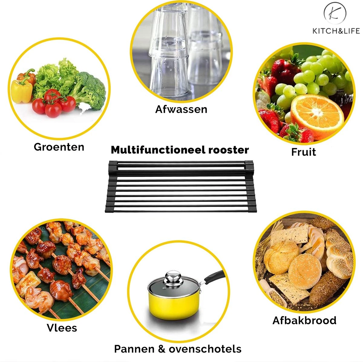 Kitch&Life Afdruiprek Oprolbaar - Mat Zwart - Pannenonderzetter - Afdruipmat - Keukenrek 3-in-1 - Afbeelding 2