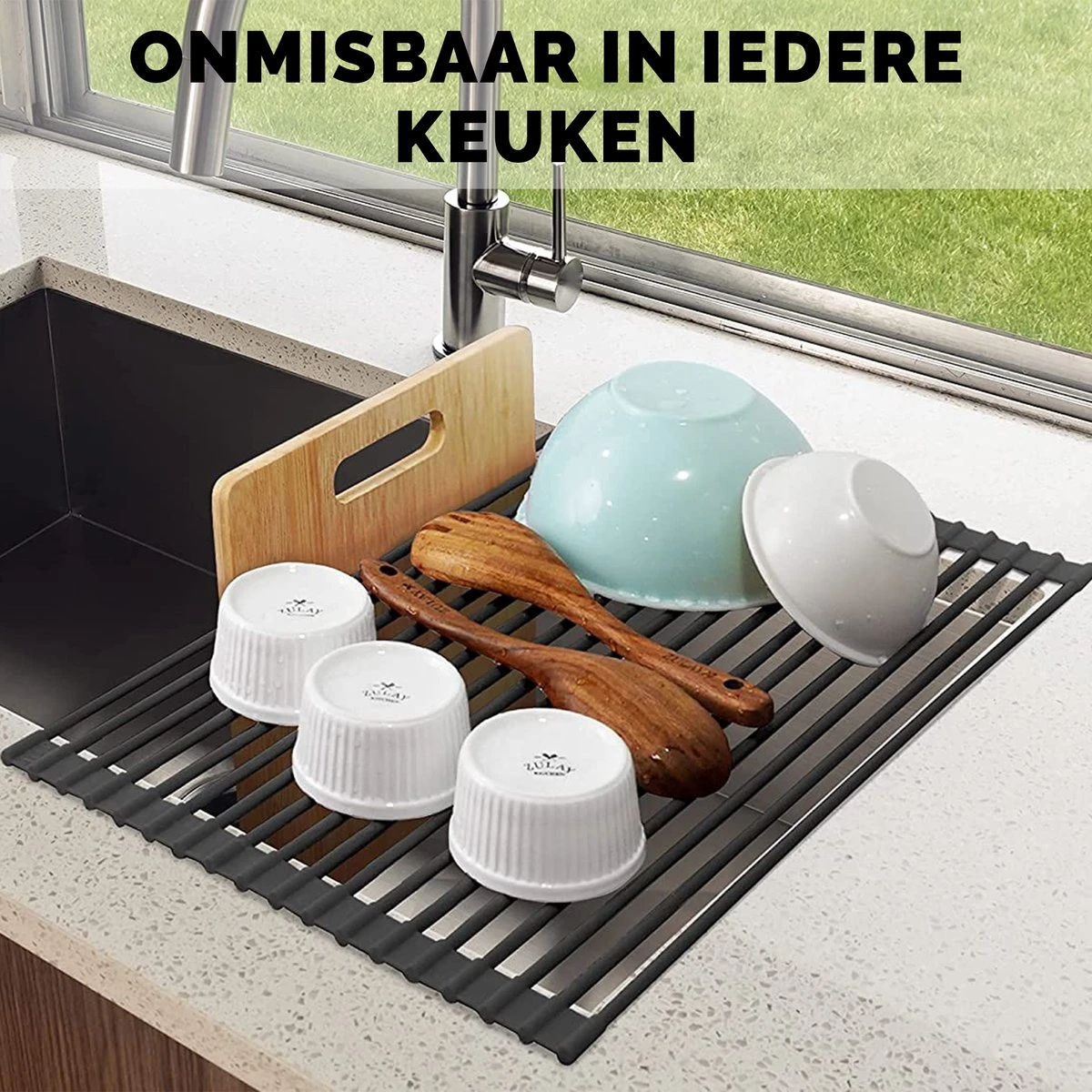 Kitch&Life Afdruiprek Oprolbaar - Mat Zwart - Pannenonderzetter - Afdruipmat - Keukenrek 3-in-1 - Afbeelding 9