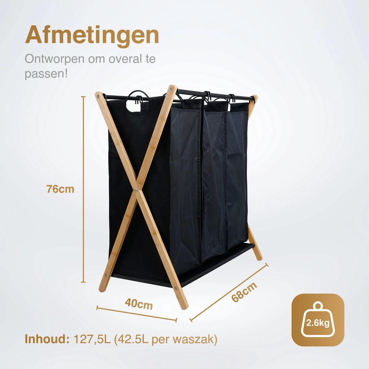 JASC Wasmand 3 Vakken - Wassorteerder - Wasmanden - Zwart - Bamboe - 128 Liter - Afbeelding 3