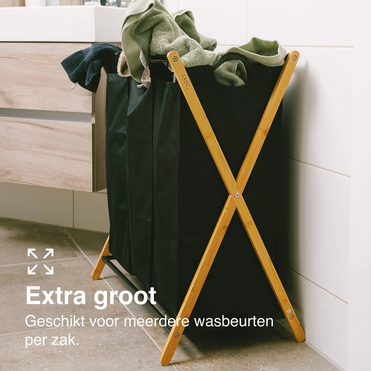 JASC Wasmand 3 Vakken - Wassorteerder - Wasmanden - Zwart - Bamboe - 128 Liter - Afbeelding 4