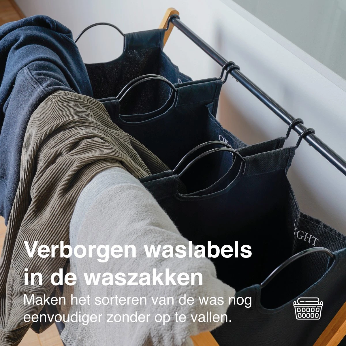 JASC Wasmand 3 Vakken - Wassorteerder - Wasmanden - Zwart - Bamboe - 128 Liter - Afbeelding 6
