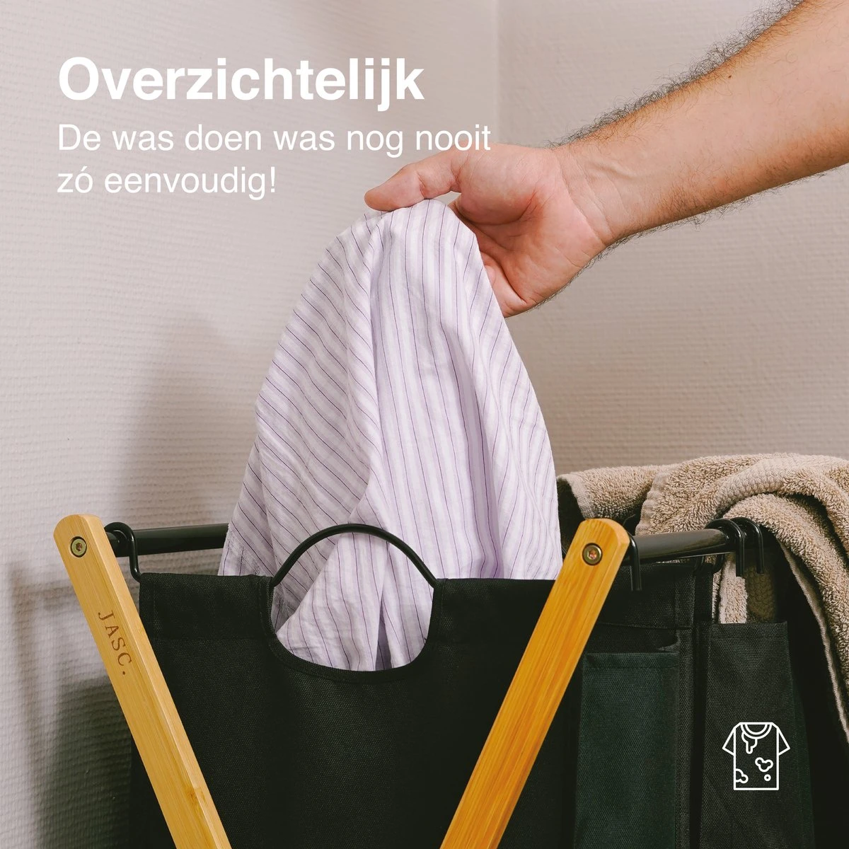 JASC Wasmand 3 Vakken - Wassorteerder - Wasmanden - Zwart - Bamboe - 128 Liter - Afbeelding 9