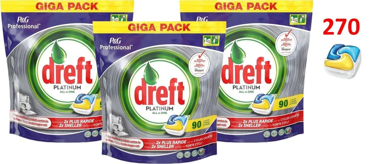 Dreft Platinum - All In One Lemon - 3 X 90 (270) Stuks - Vaatwastabletten - Voordeelverpakking - Afbeelding 2