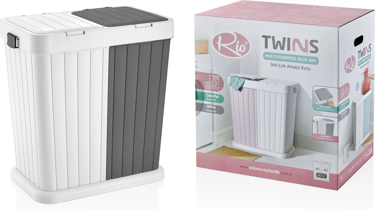 Sumpas - Wasmand - 2 Vakken - Met Touch Deksel - 80 Liter - Antraciet/Wit - 100% Gerecycled Plastic - Afbeelding 3