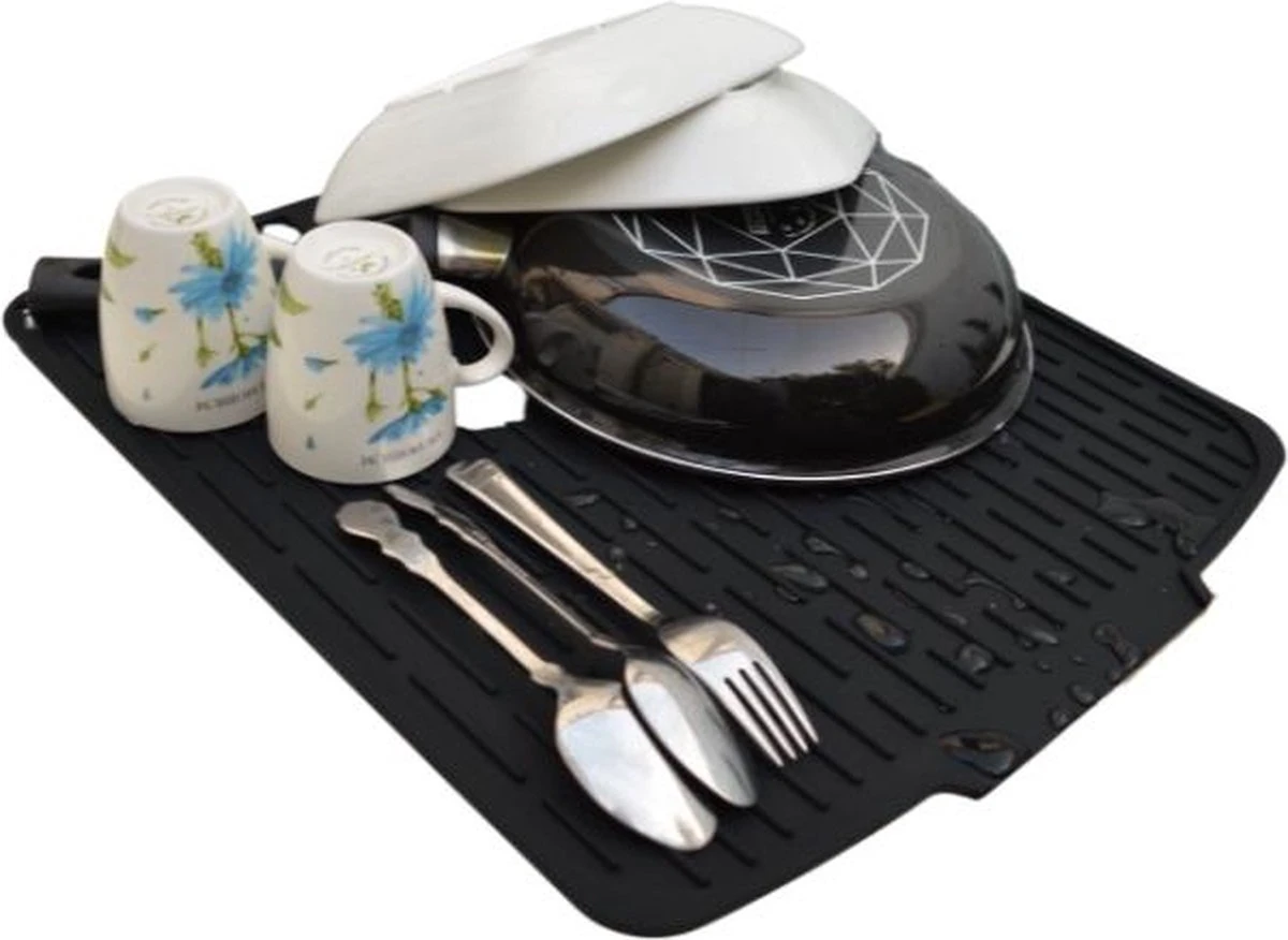 HOMYHON Afdruipmat -Afdruipmat Siliconen -Pannenonderzetter- Antislip -Hittebestendig - Aanrecht Mat -Siliconen Mat - 40 X 46 Cm - Zwart - Afbeelding 3