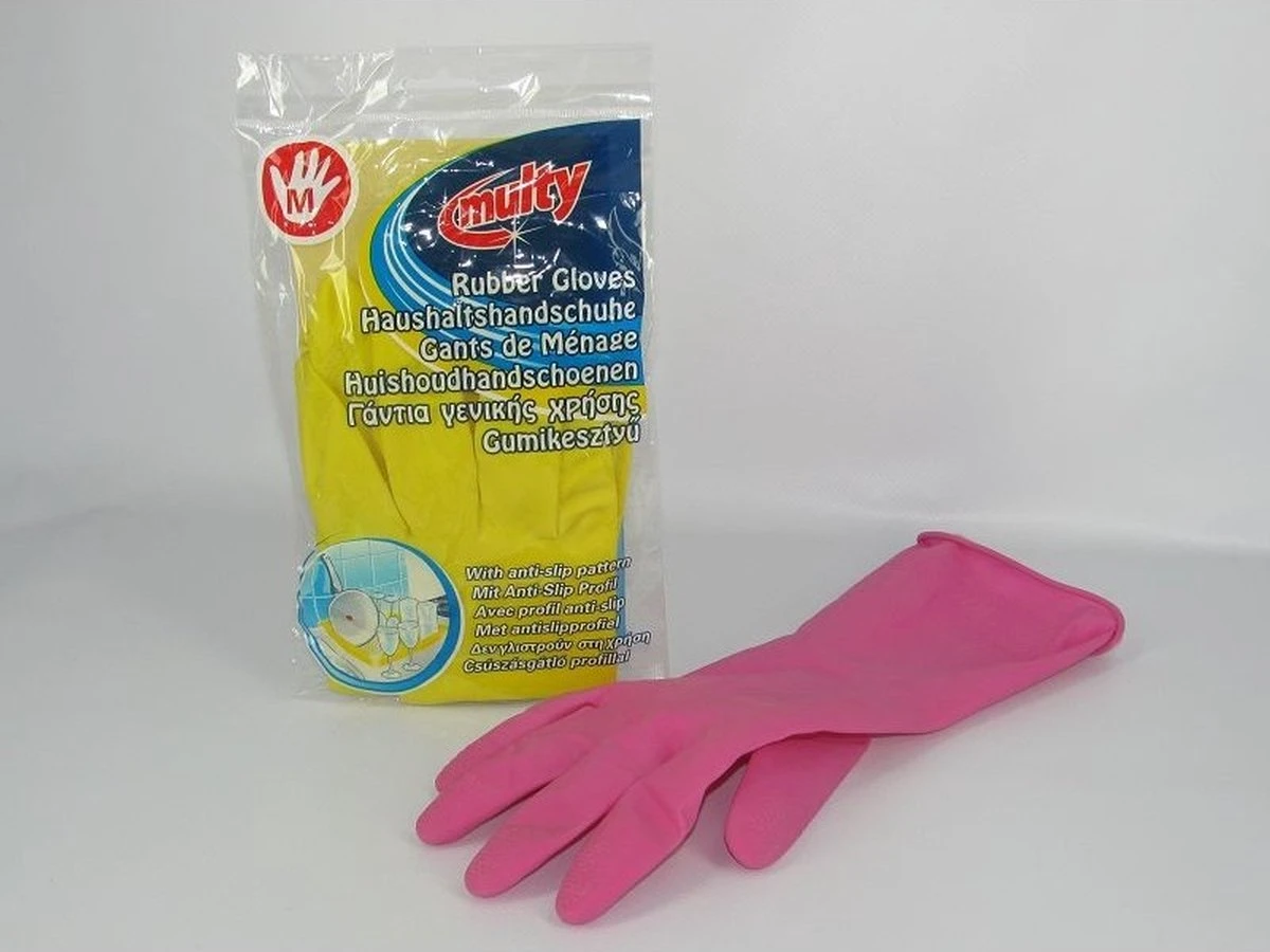 Multy Luxe Huishoudhandschoenen Maat M - Natuurlatex Met Katoenen Vlokvoering - Anti Slip - Rubberen Handschoenen - Waterdicht - Natuurlijk Latex - Maat M - Afbeelding 4